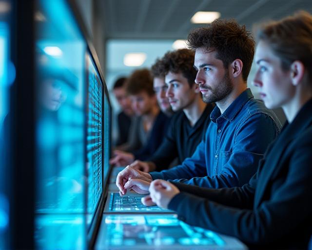 Team of analysts collaborating on AI data models