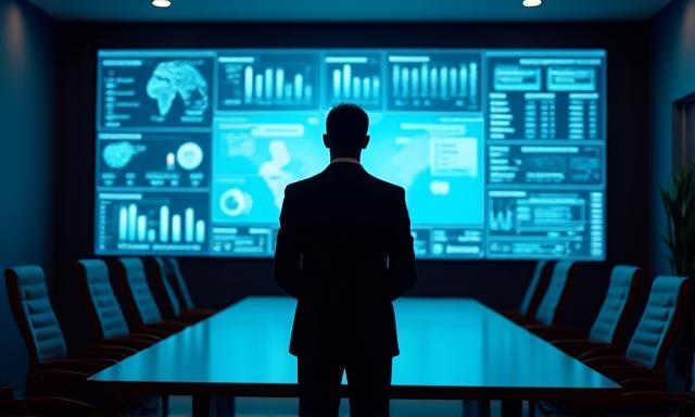 Executive analyzing data on a large screen