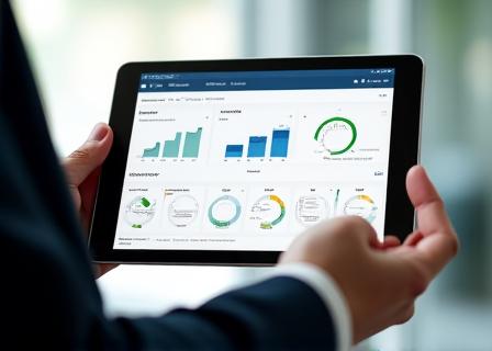 Close up of a tablet screen showing real-time fluctuating line graphs and KPI gauges in a professional office setting.